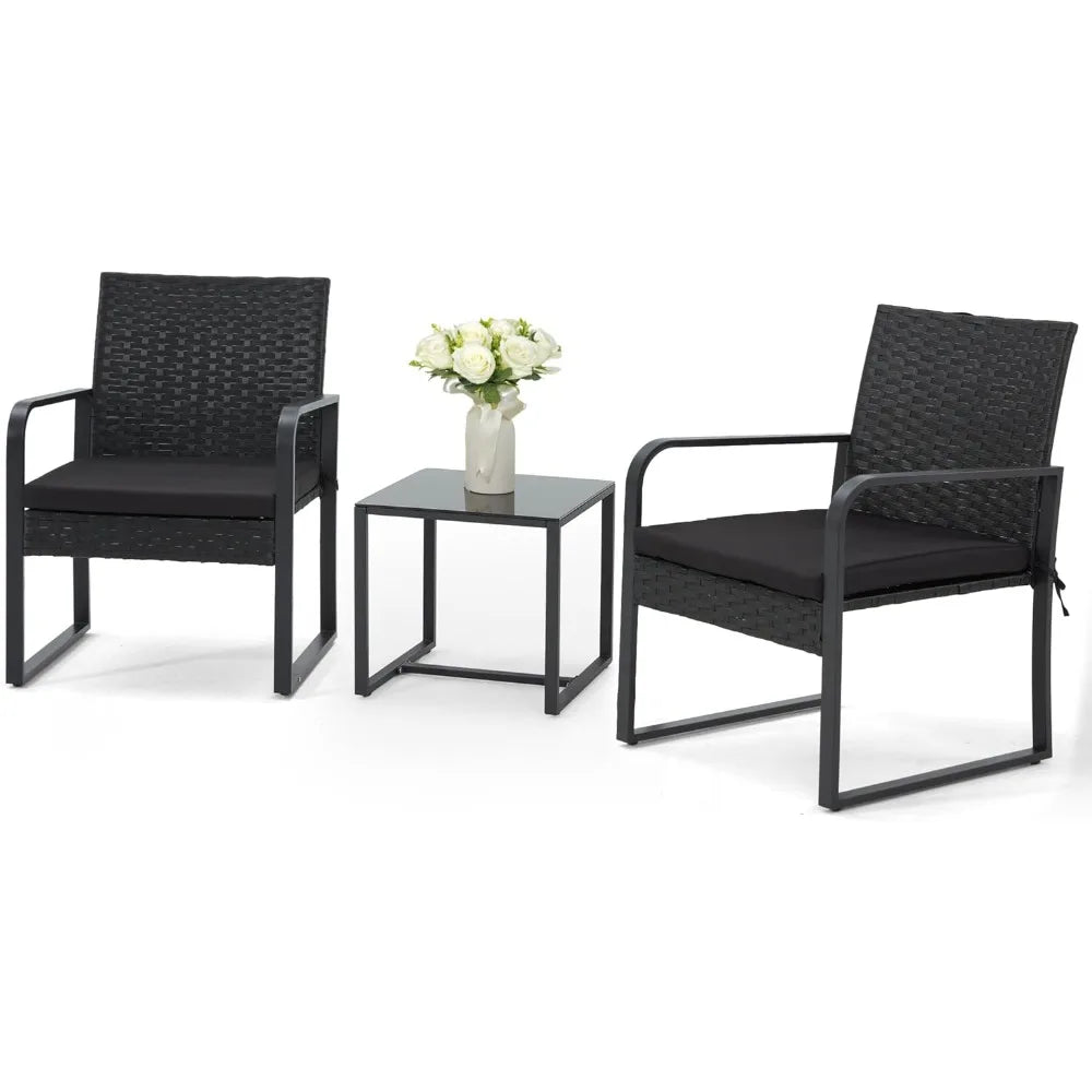 3-Piece Rattan Patio Furniture Set – Wicker Bistro Set with Glass Coffee Table