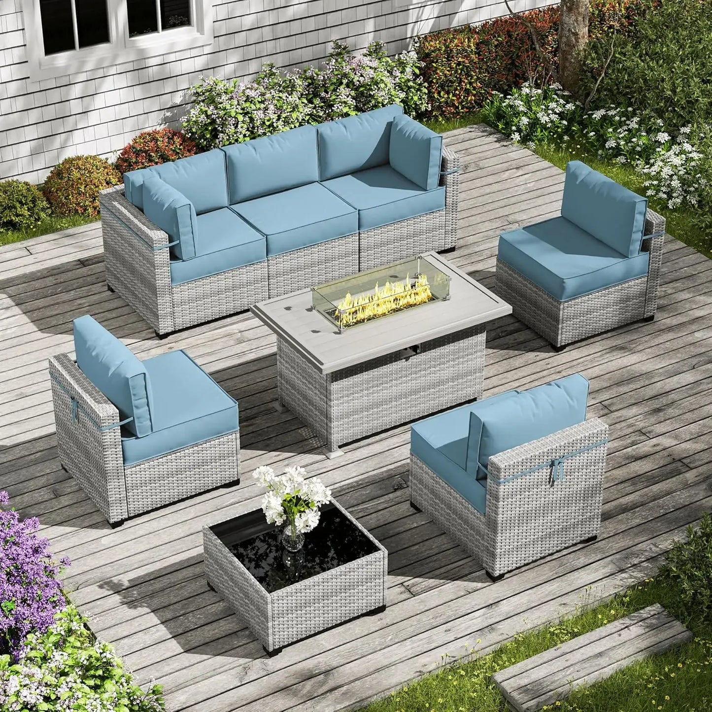 8-Piece Outdoor Patio Furniture Set with Fire Pit Table – Modular Wicker Conversation Set