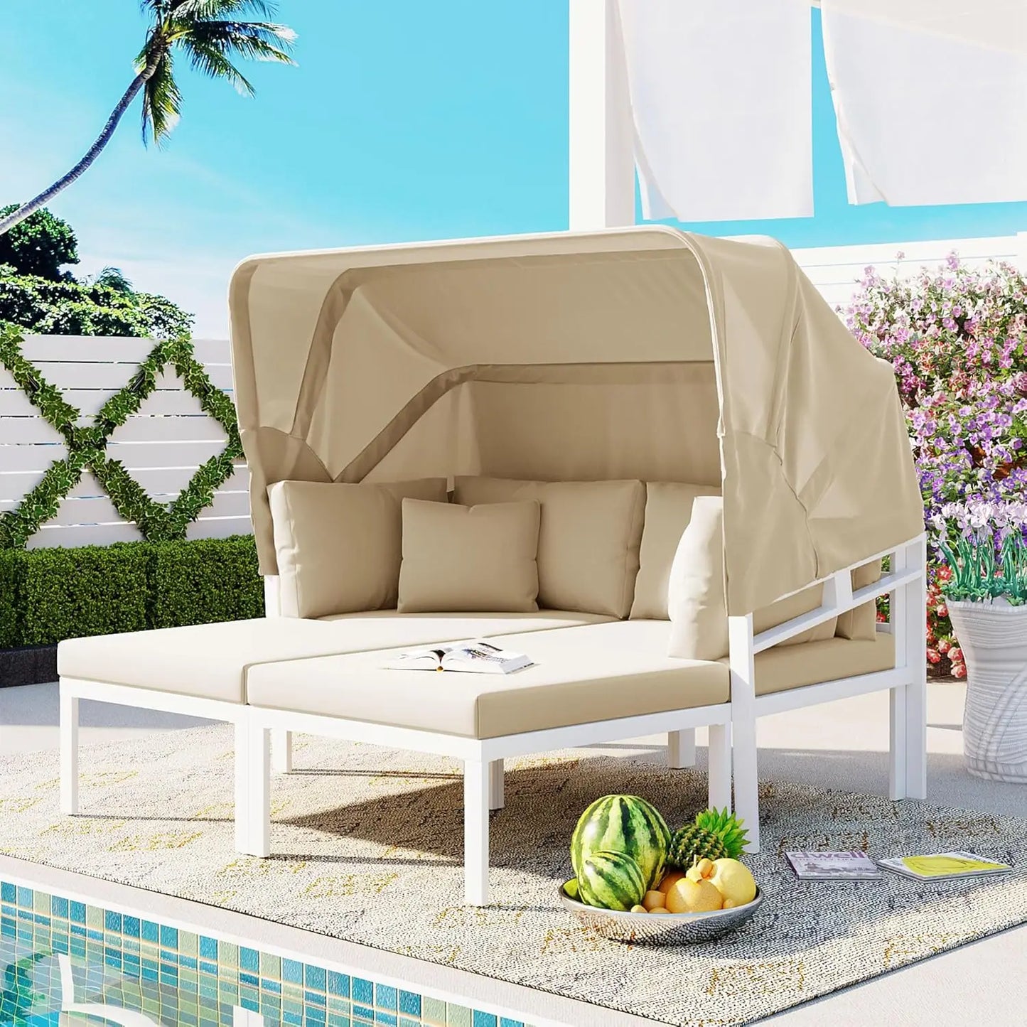 3-Piece Outdoor Patio Daybed with Retractable Canopy