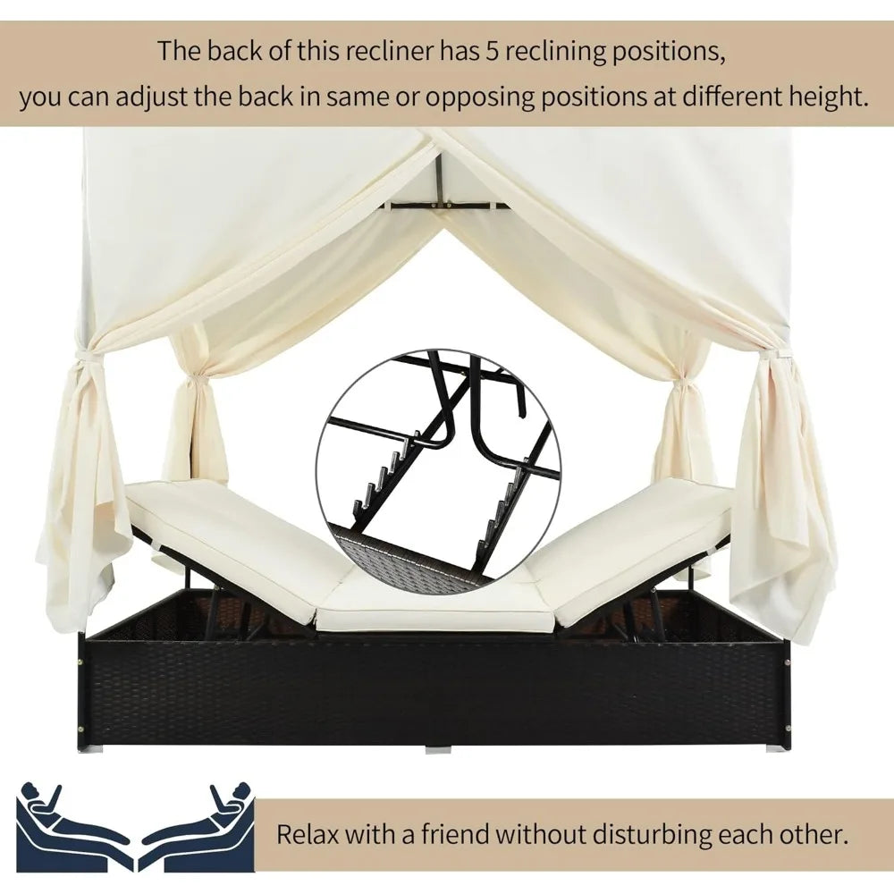 Outdoor Rattan Daybed with Canopy and Adjustable Seats