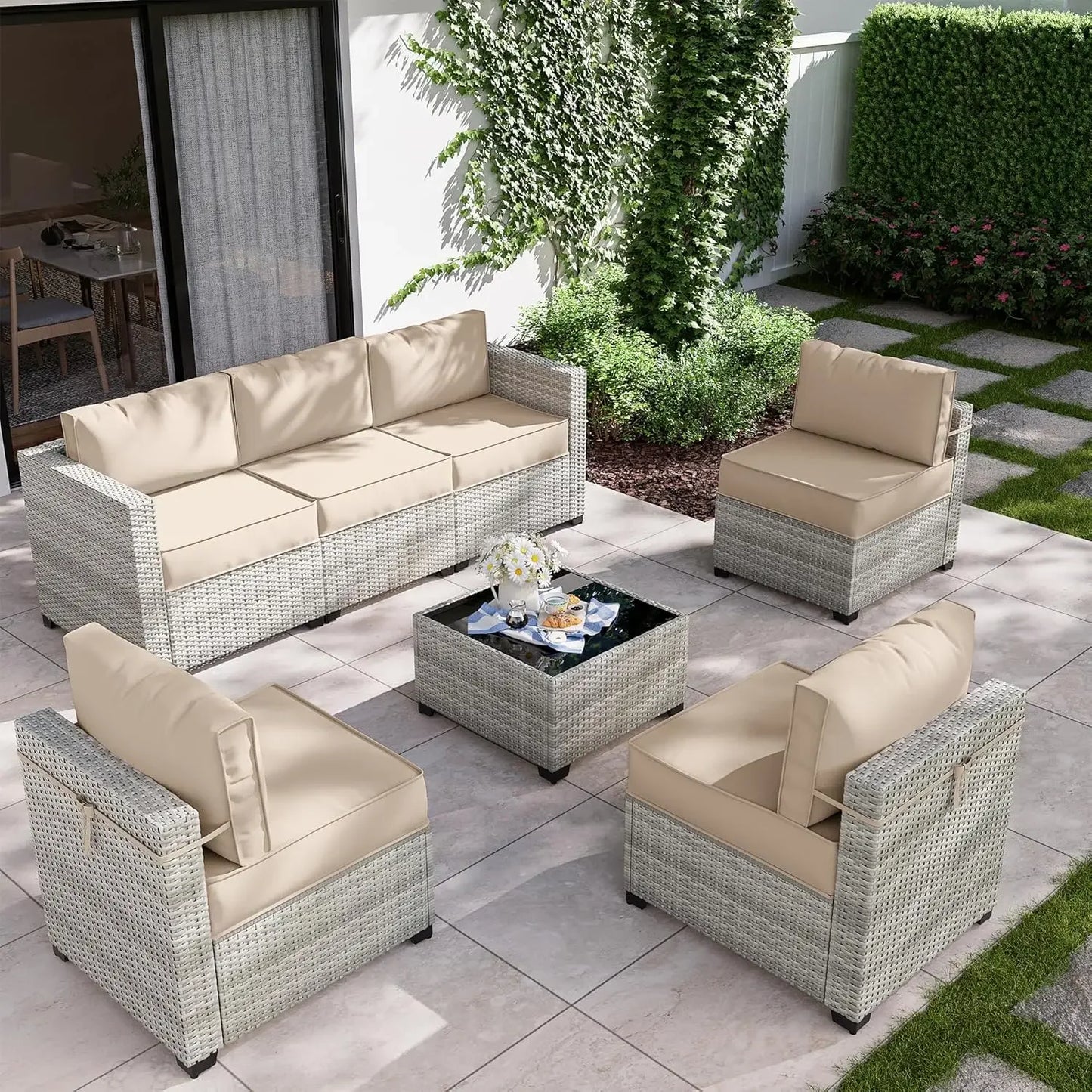 8-Piece Outdoor Patio Furniture Set with Fire Pit Table – Modular Wicker Conversation Set