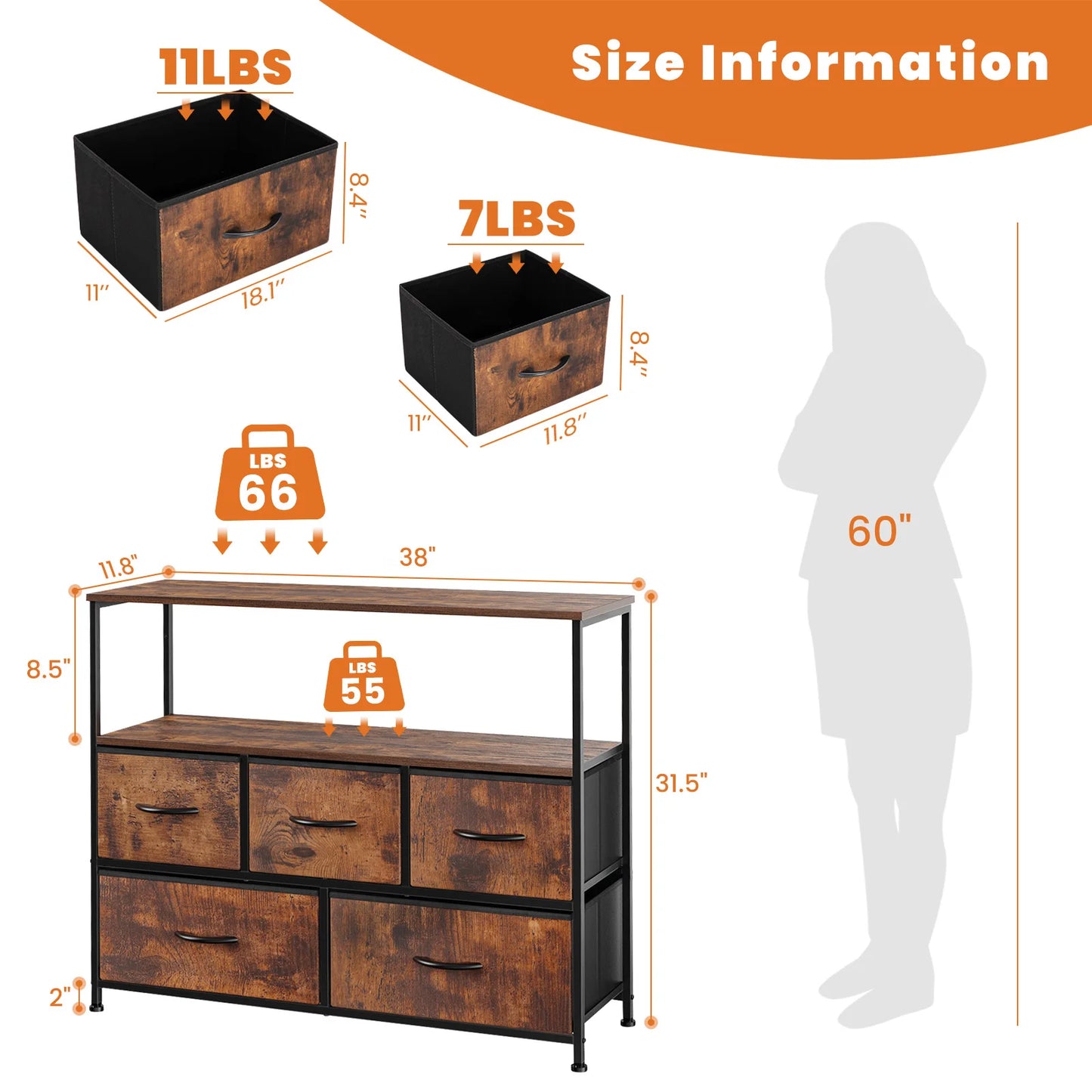 JHK 5-Drawer Shoe Cabinet – Multi-Function Storage Dresser