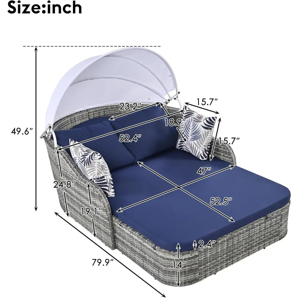 Outdoor Wicker Double Chaise Daybed with Adjustable Canopy