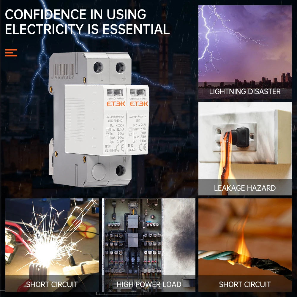 ETEK EKU5 T1+T2 SPD – House Surge Protector | 1P+NPE / 2P / 3P+NPE / 4P
