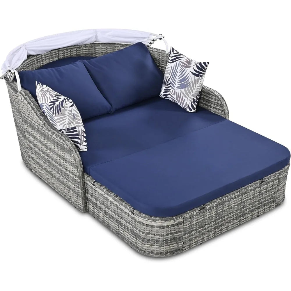 Outdoor Wicker Double Chaise Daybed with Adjustable Canopy