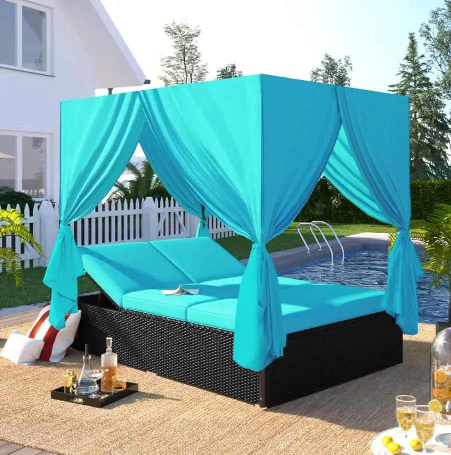 Outdoor Rattan Daybed with Canopy and Adjustable Seats