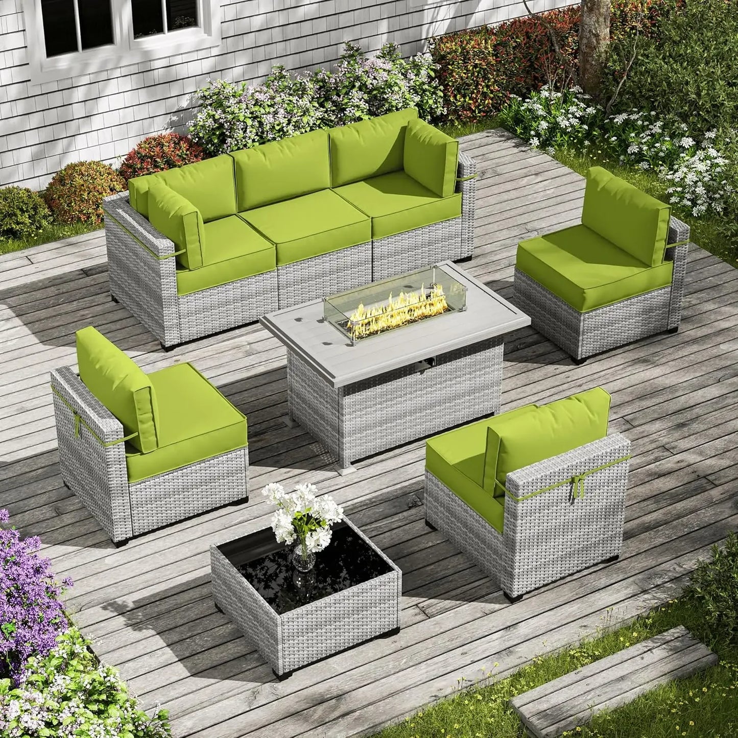 8-Piece Outdoor Patio Furniture Set with Fire Pit Table – Modular Wicker Conversation Set