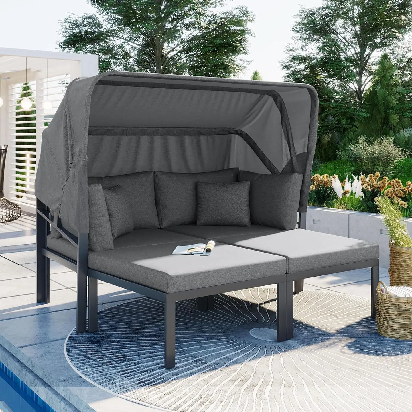 Outdoor Rattan Daybed with Canopy and Adjustable Seats