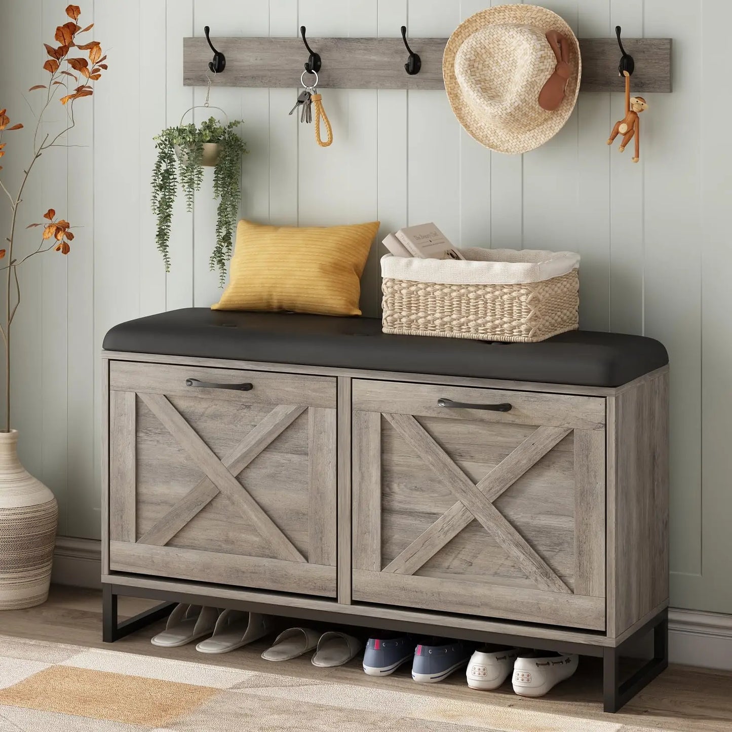 Vabches Shoe Storage Bench – Wooden Cabinet with 2 Flip Drawers & Coat Rack