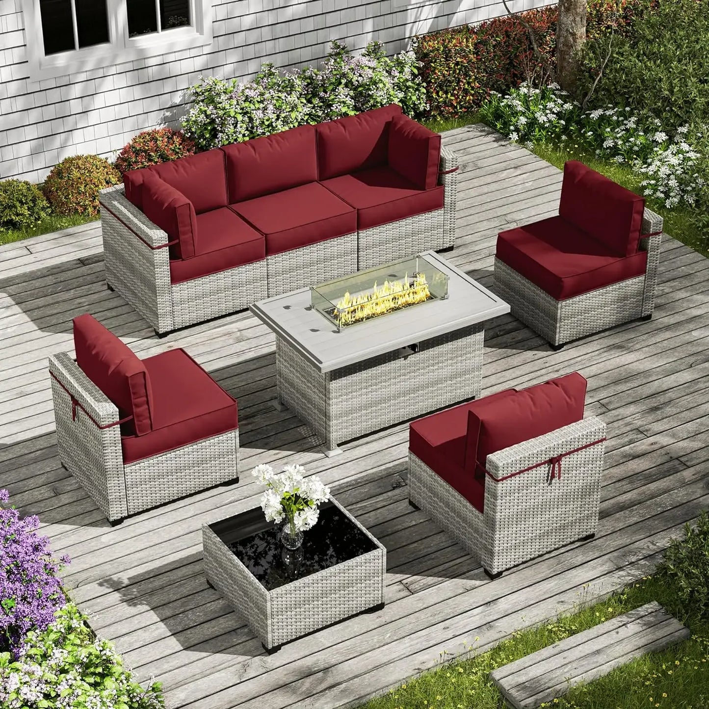 8-Piece Outdoor Patio Furniture Set with Fire Pit Table – Modular Wicker Conversation Set