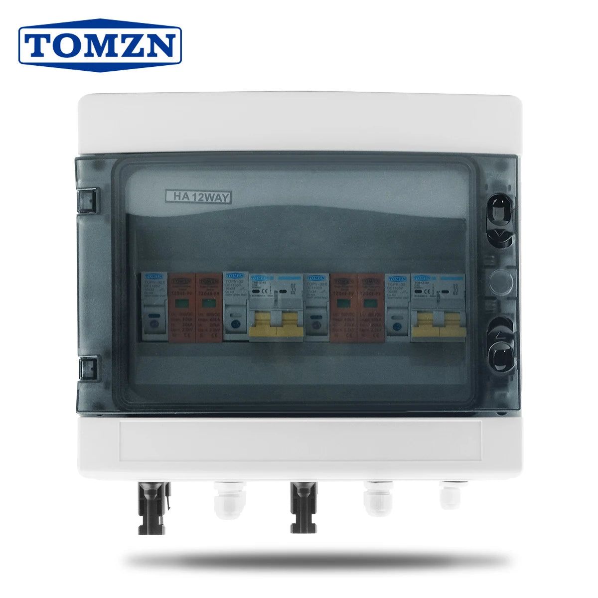 TOMZN 2 In 2 Out PV Combiner Box – 600V DC | 12-Way | IP65 Waterproof | SPD + MCB + Fuse