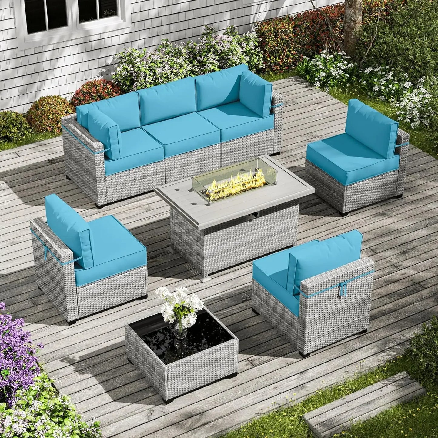 8-Piece Outdoor Patio Furniture Set with Fire Pit Table – Modular Wicker Conversation Set