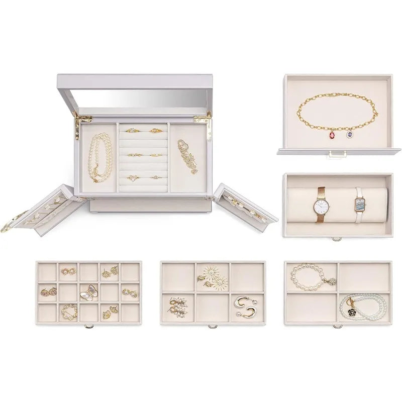 Large 6-Tier Jewelry Box with Mirror and 5 Drawers – Jewelry Organizer Storage Case