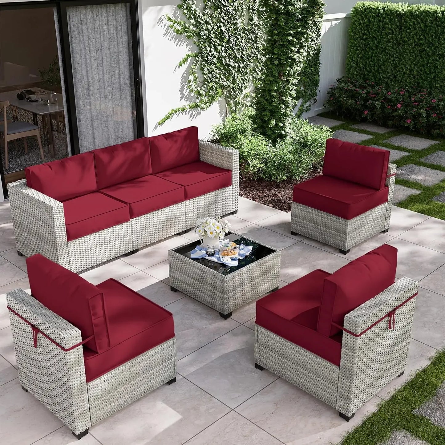 8-Piece Outdoor Patio Furniture Set with Fire Pit Table – Modular Wicker Conversation Set