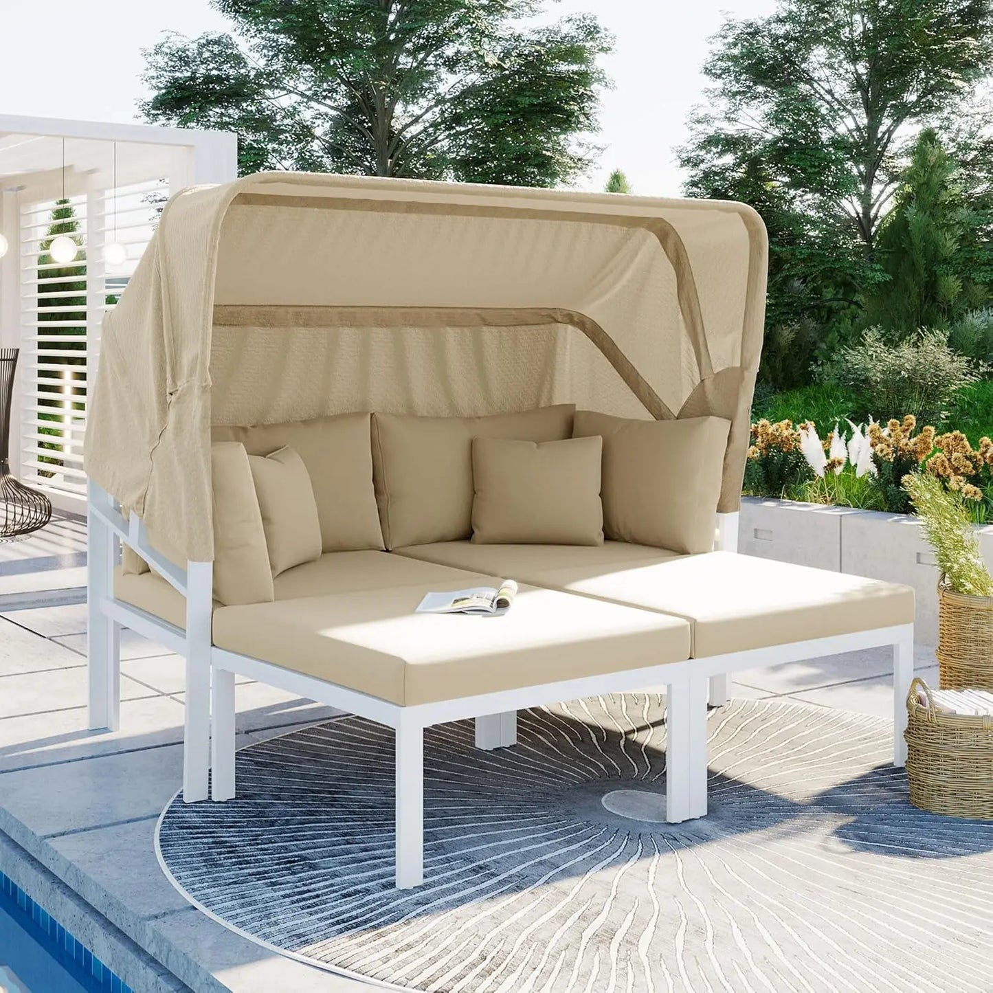 Outdoor Rattan Daybed with Canopy and Adjustable Seats