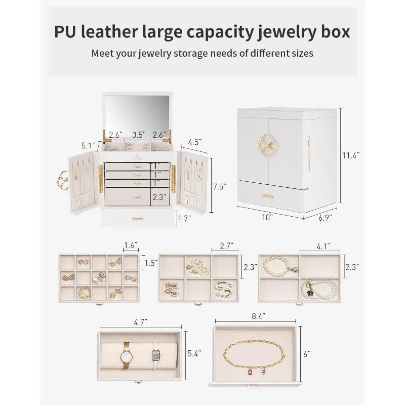 Large 6-Tier Jewelry Box with Mirror and 5 Drawers – Jewelry Organizer Storage Case