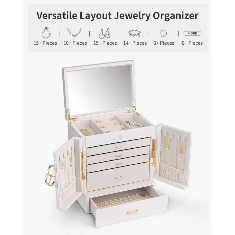Large 6-Tier Jewelry Box with Mirror and 5 Drawers – Jewelry Organizer Storage Case