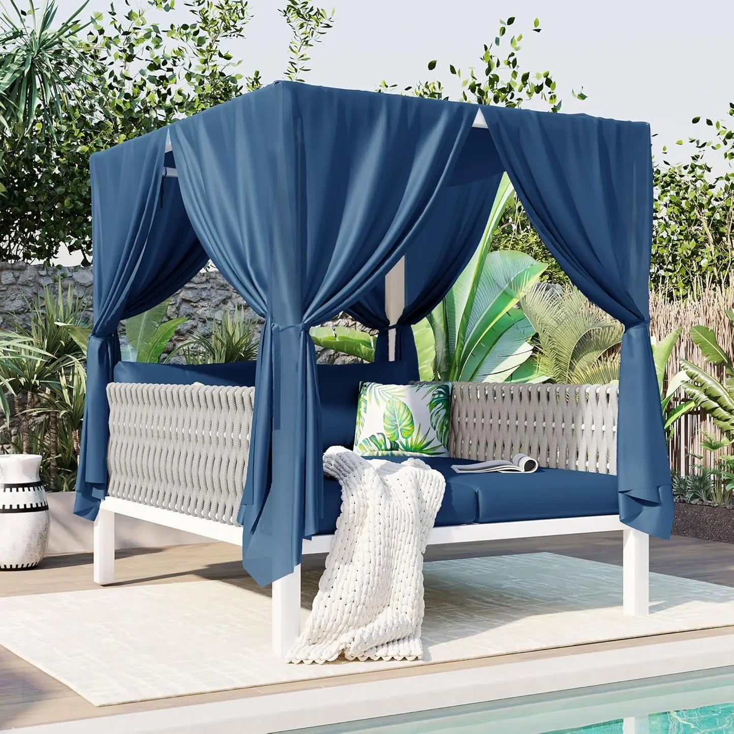 Outdoor Rattan Daybed with Canopy and Adjustable Seats