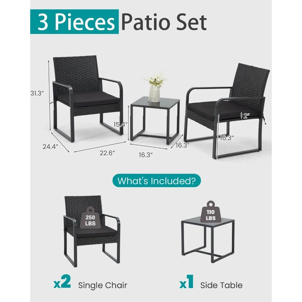 3-Piece Rattan Patio Furniture Set – Wicker Bistro Set with Glass Coffee Table