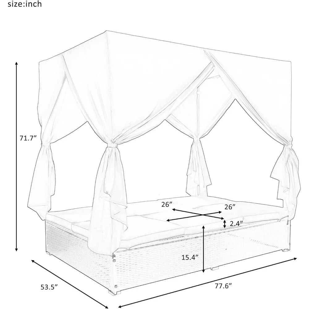 Outdoor Rattan Daybed with Canopy and Adjustable Seats