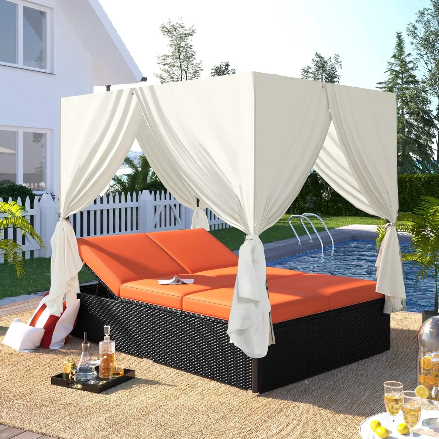 Outdoor Rattan Daybed with Canopy and Adjustable Seats