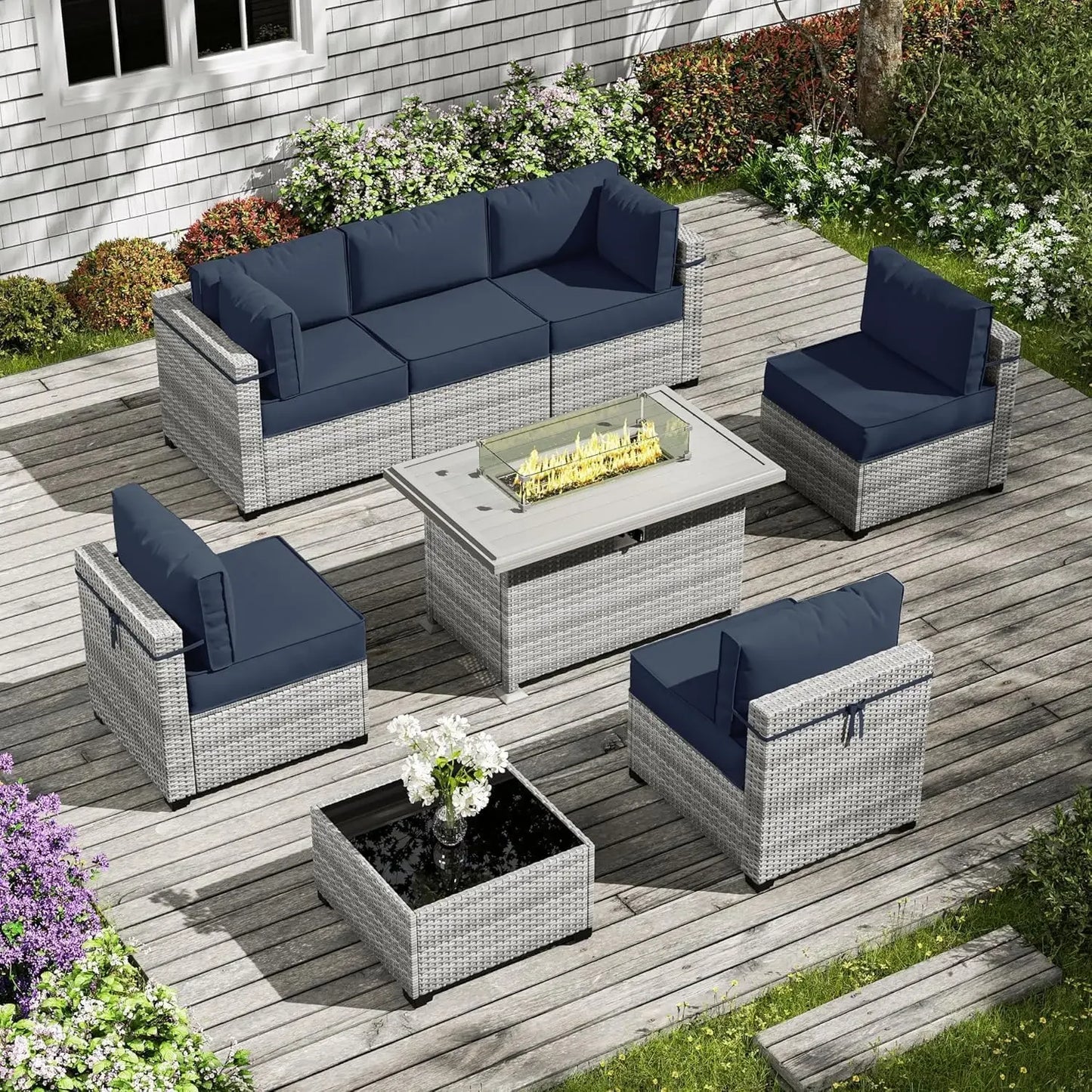 8-Piece Outdoor Patio Furniture Set with Fire Pit Table – Modular Wicker Conversation Set