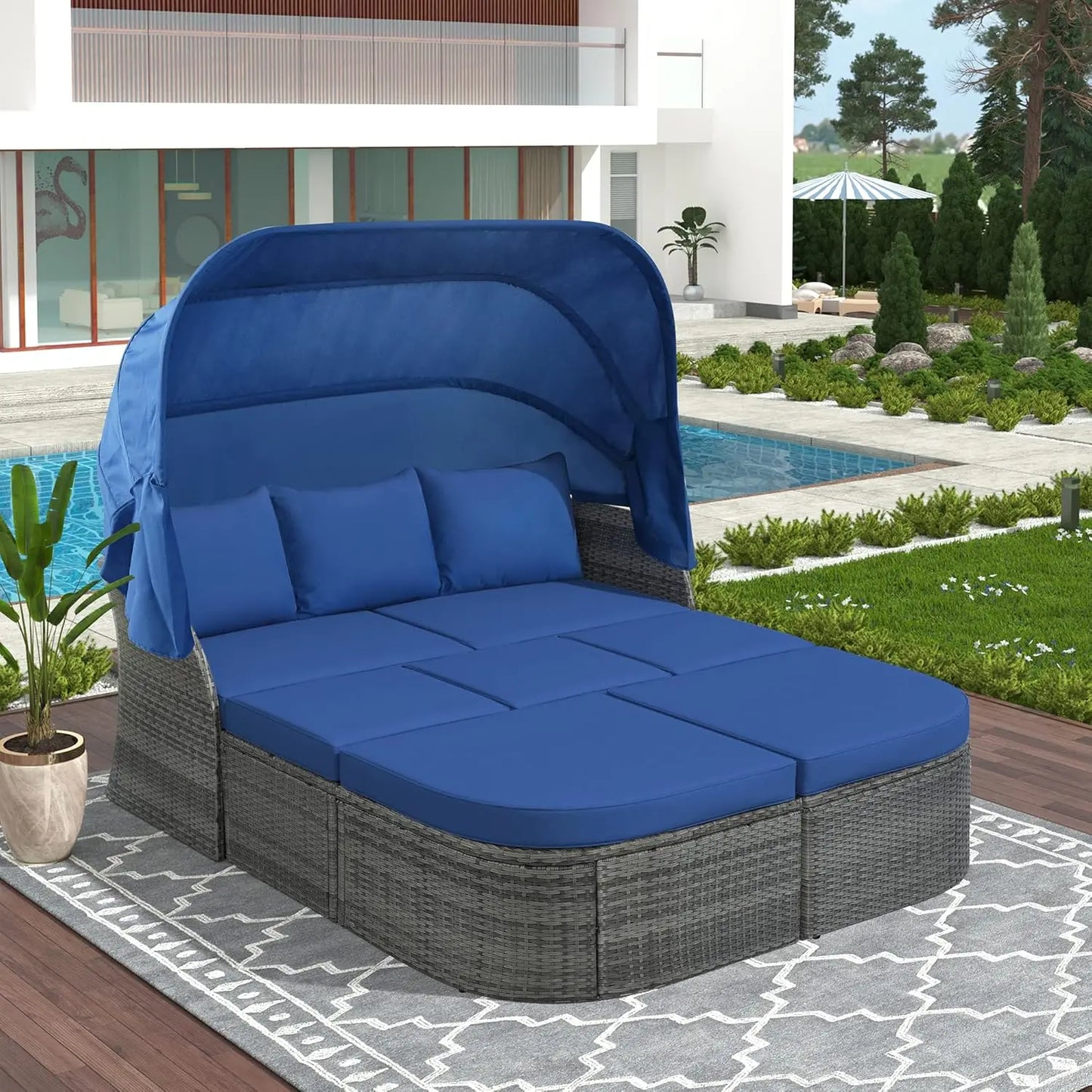 Outdoor Rattan Daybed with Canopy and Adjustable Seats