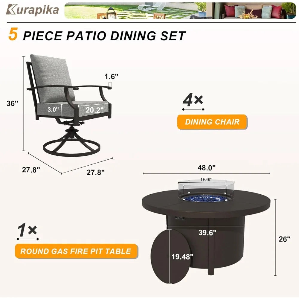 5-Piece Outdoor Patio Furniture Set – Round Fire Pit Table & 4 Swivel Chairs
