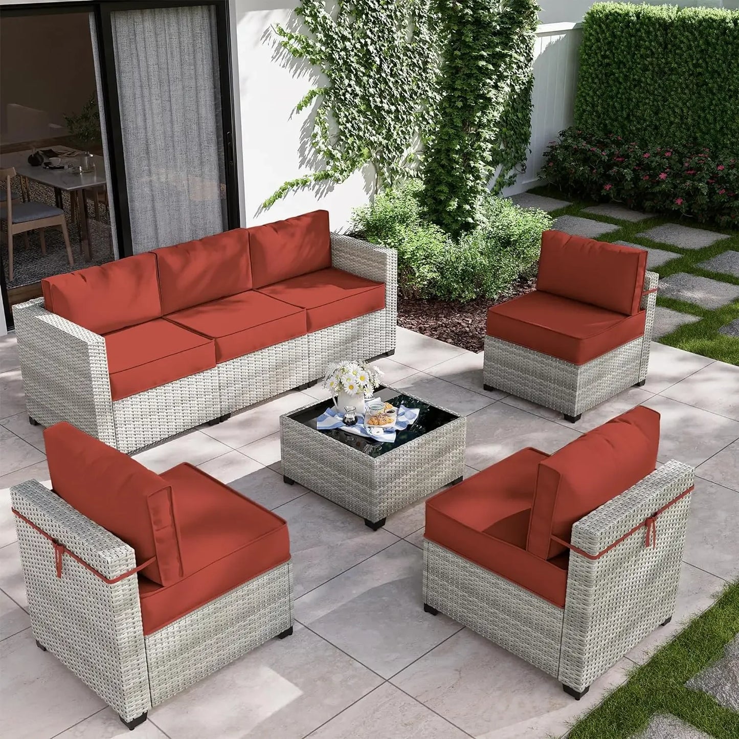 8-Piece Outdoor Patio Furniture Set with Fire Pit Table – Modular Wicker Conversation Set