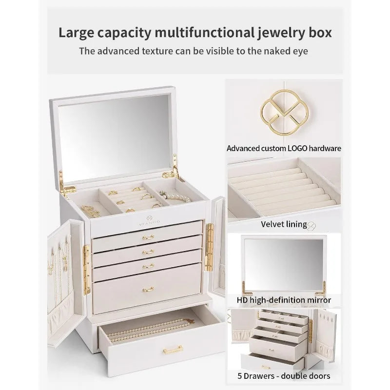 Large 6-Tier Jewelry Box with Mirror and 5 Drawers – Jewelry Organizer Storage Case
