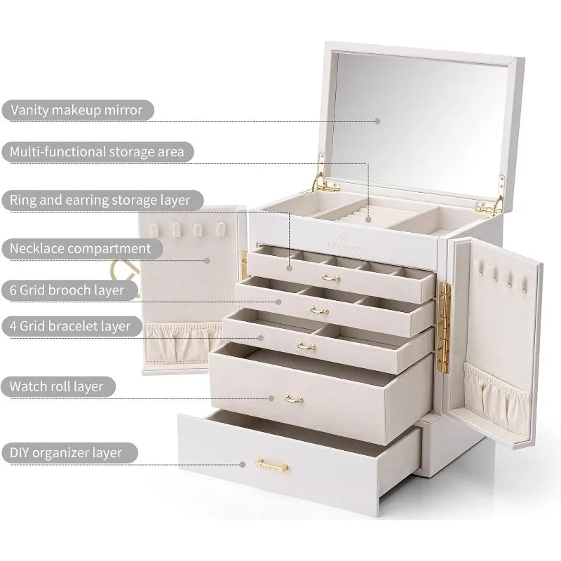 Large 6-Tier Jewelry Box with Mirror and 5 Drawers – Jewelry Organizer Storage Case