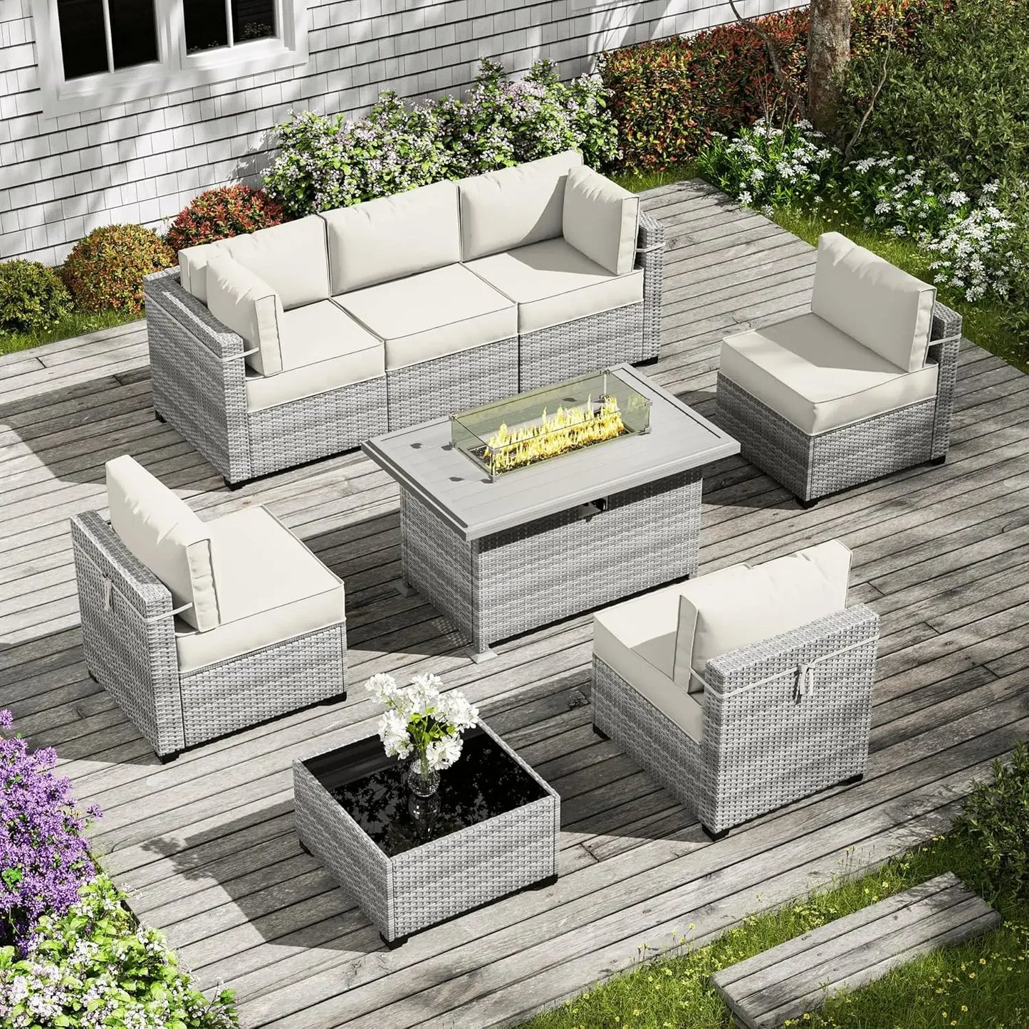 8-Piece Outdoor Patio Furniture Set with Fire Pit Table – Modular Wicker Conversation Set