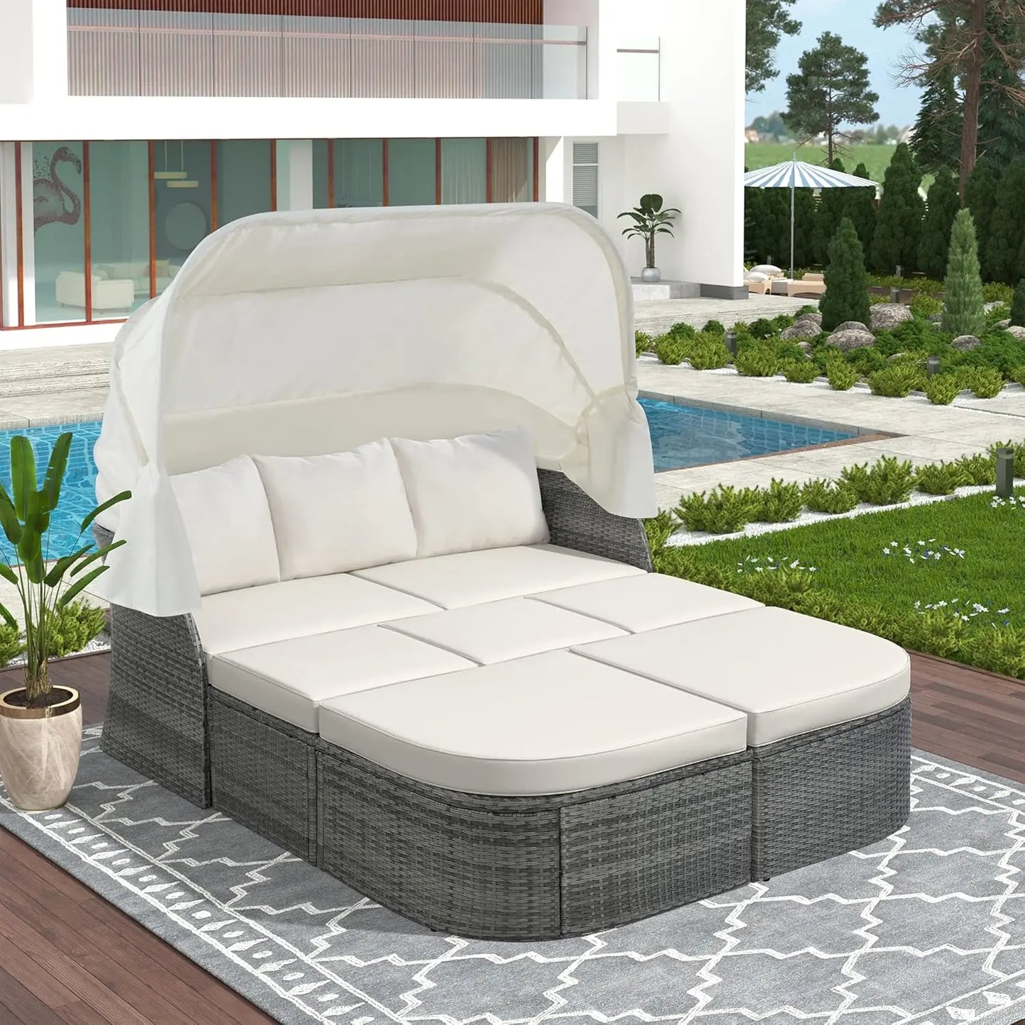 Outdoor Rattan Daybed with Canopy and Adjustable Seats