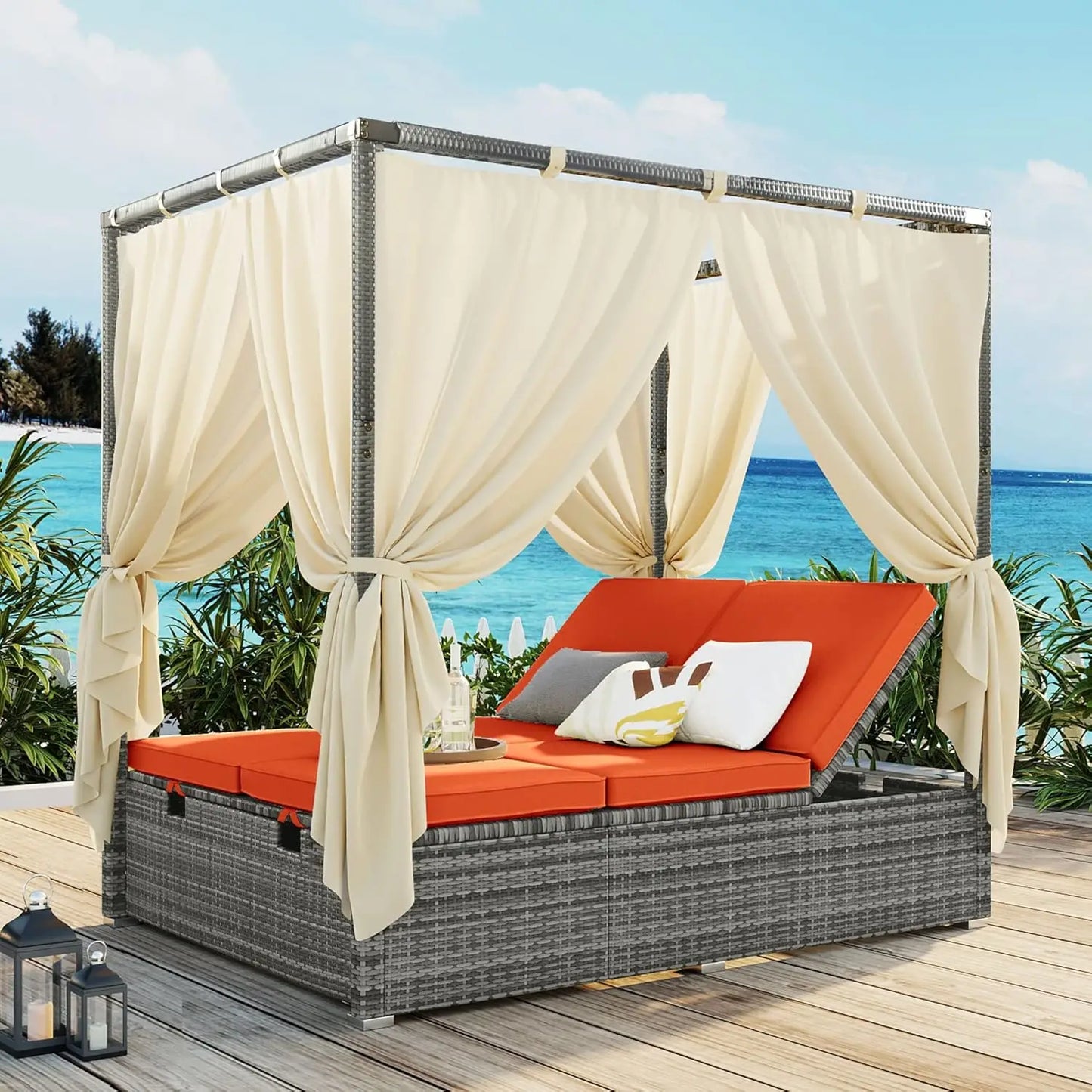 Outdoor Rattan Daybed with Canopy and Adjustable Seats