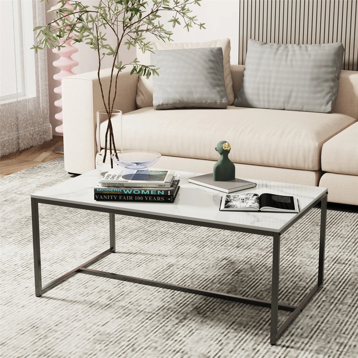 Grey Sintered Stone Coffee Table – Rectangular with Black Metal Frame