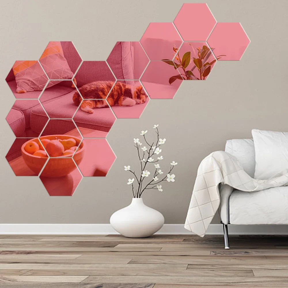 3D Hexagon Mirror Wall Stickers – Rose Gold (6/12pcs Set)