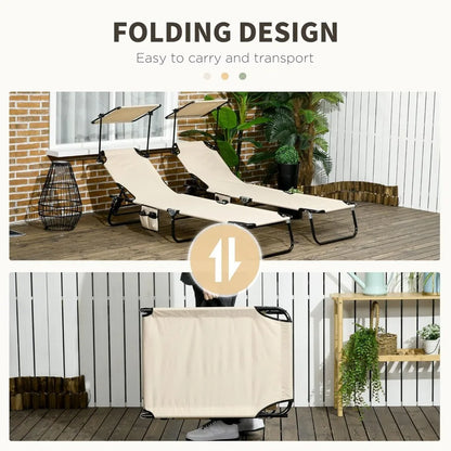 Set of 2 Folding Chaise Lounge Chairs with Canopy