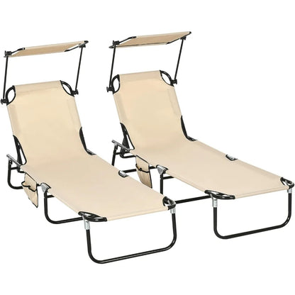 Set of 2 Folding Chaise Lounge Chairs with Canopy