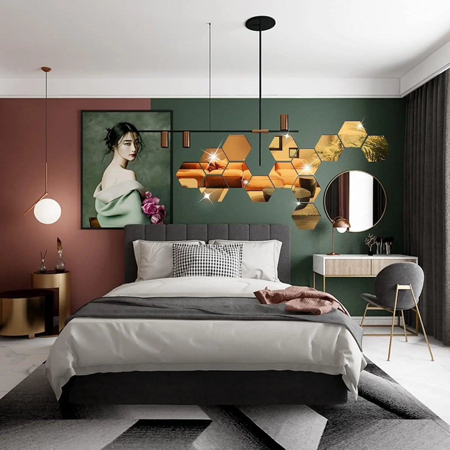 3D Hexagon Mirror Wall Stickers – Rose Gold (6/12pcs Set)