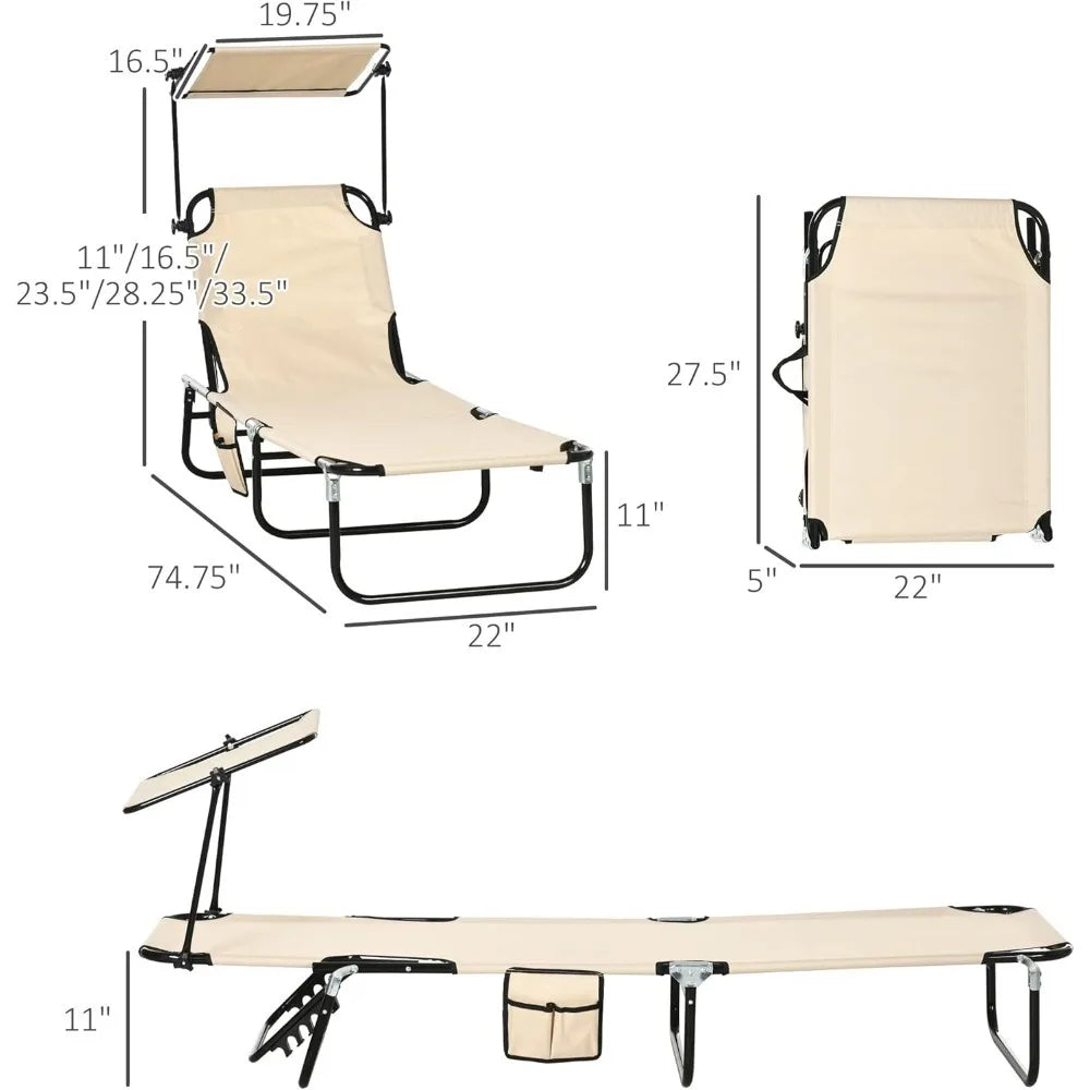 Set of 2 Folding Chaise Lounge Chairs with Canopy